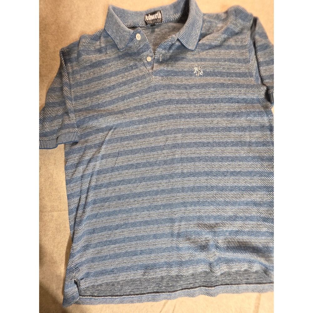 Ashworth Mens Large Blue White Striped Polo Shirt Short Sleeve Cotton Made in US